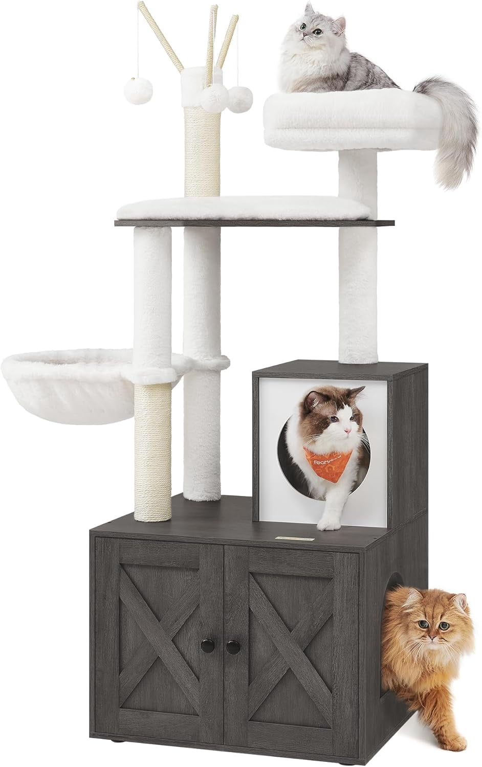 Favory Cat Tree with Litter Box Enclosure, 59-Inch Modern Cat Tower, 2-in-1 Condo with Scratching Posts, Washable Removable Cushion, Misty Gray UPCT113G02
