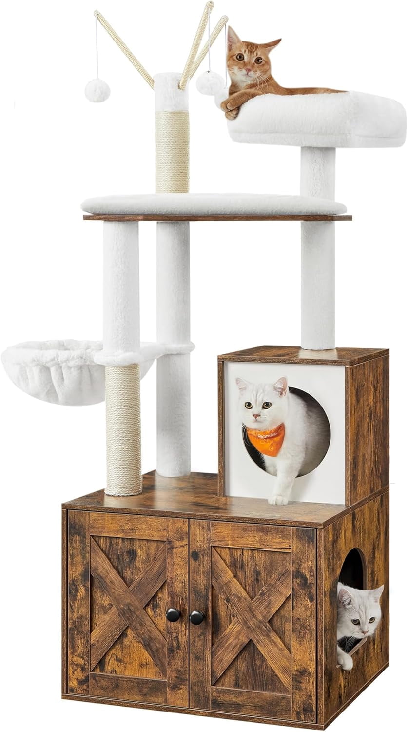 Favory Cat Tree with Litter Box Enclosure, 59-Inch Modern Cat Tower, 2-in-1 Condo with Scratching Posts, Washable Removable Cushion, Rustic Brown UPCT113X01