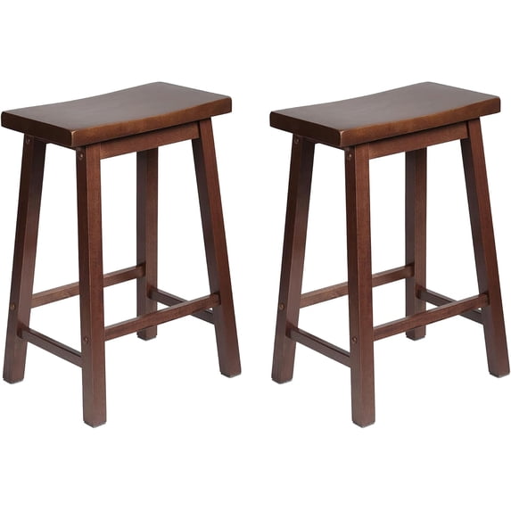 Favory Classic Saddle-Seat 24'' Tall Kitchen Counter Stool for Homes, Dining Spaces, and Bars with Backless Seat, 4 Square Legs, Walnut (2 Pack)