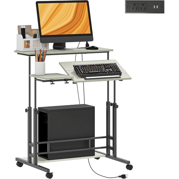Favory Height Adjustable Standing Desk with Power Outlets, Stand Up Desk with Tiltable Tabletop, Lockable Wheels, Bottom Shelf, Rolling Workstation for Home Office, Oak
