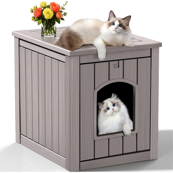 Favory Hidden Cat Litter Box Enclosure Furniture, Indoor Outdoor Cat House Side Table with Openable Door & Raised Floor, Easy Clean Assemble, Grey