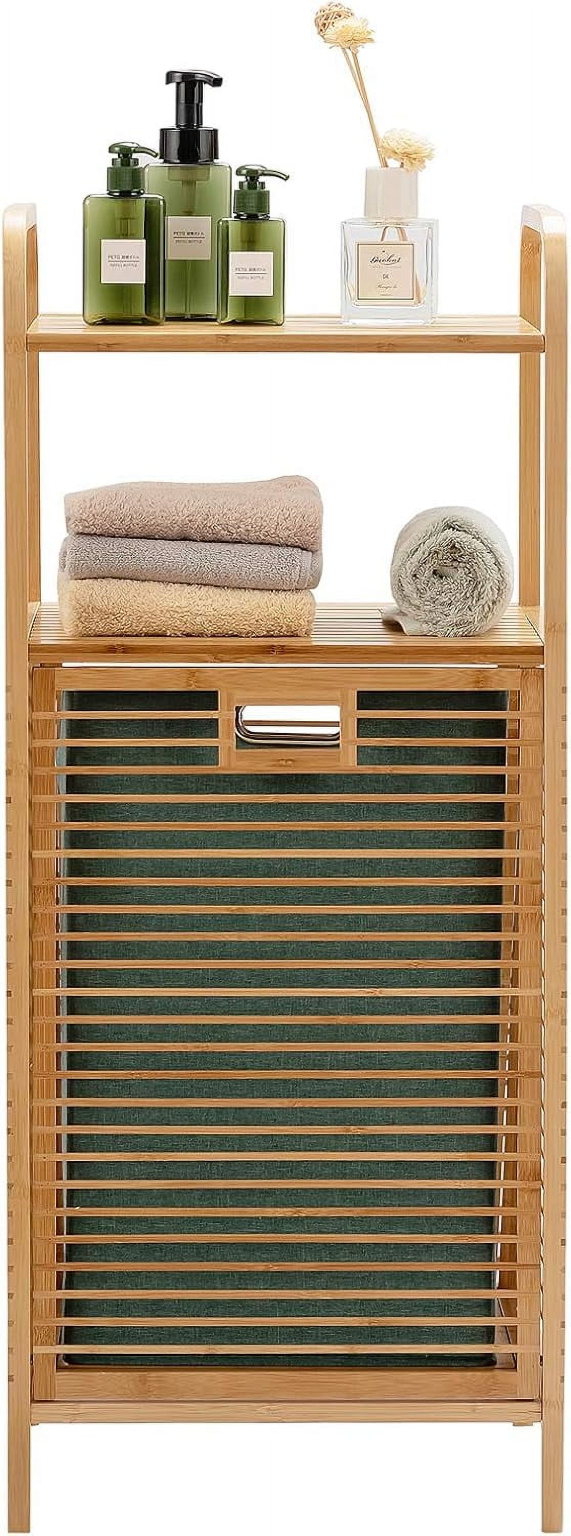 Favory Laundry Hamper Tilt-Out Laundry Linen Hamper Bamboo Freestanding Clothes Basket W/Shelf & Removable Liner, Storage Laundry Shelf for Bathroom Living Room Bedroom, Natural