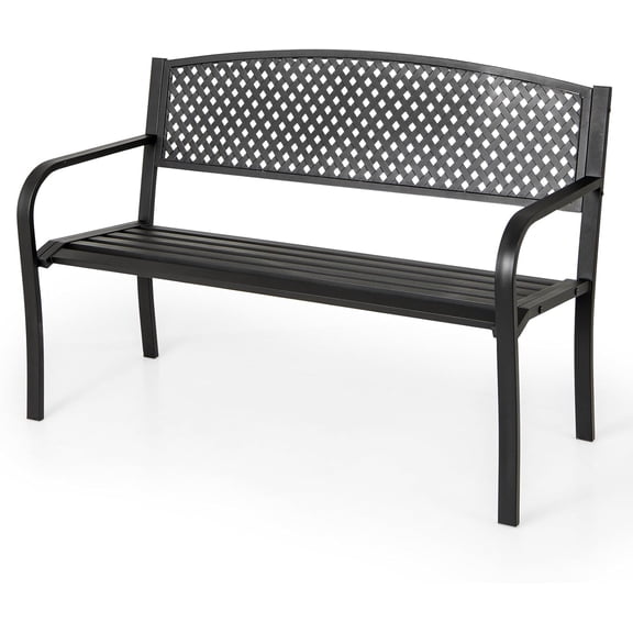 Favory Metal Outdoor Bench with Mesh Pattern Backrest, Curved Armrests, Load 660Lbs, Slatted Seat for 2-3 Persons, Heavy-Duty Garden Bench for Patio, Backyard, Poolside, Porch, Park (50"×24"×33.5")