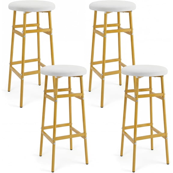 Favory Metal Round Bar Stools Set of 4, Upholstered Backless 29-inch Bar Height Chairs with Linen Seat, Metal Legs, Footrests for Dining Room Kitchen Island Home Bar, Golden+White