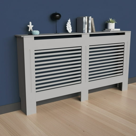 Favory Modern Slatted Radiator Cover - White MDF Heating Cabinet with Extra Shelf Space, Ventilation Design, Space-Saving Home Decor.