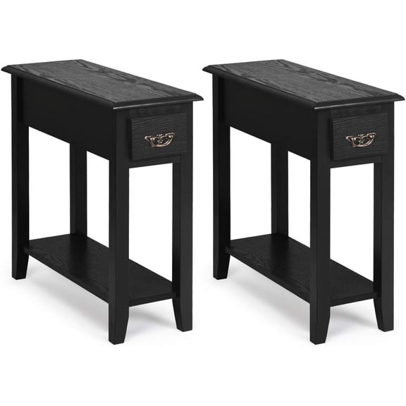 Favory Narrow End Table, Slim Side Table with Drawer and Open Shelf, Small End Tables for Small Spaces, Narrow Nightstand Bedside Table for Living Room Bedroom, 9.8 x 23.6 x 23.6 Inches (2, Black)