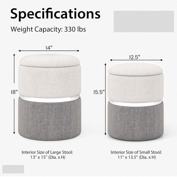 Favory Ottoman with Storage - Set of 2 Storage Ottomans, 1 Large & 1 Small Nesting Ottoman Side Table, Upholstered Linen Round Foot Rest Vanity Stool for Bedroom Living Room (Gray)