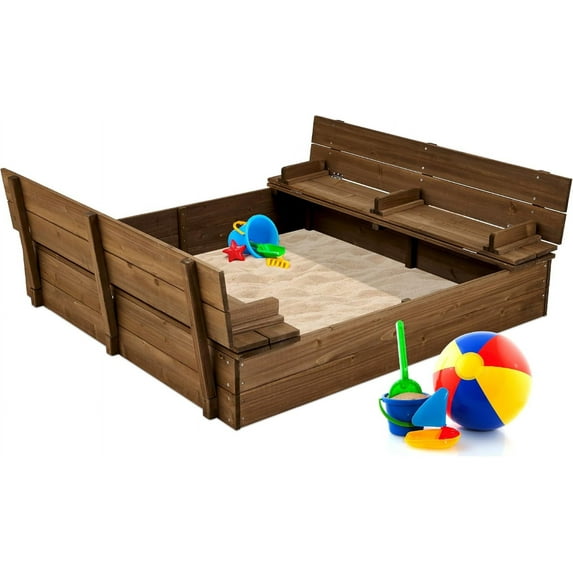 Favory Outdoor Wooden Sandbox Large, Cedar Wood with Foldable Bench Seats and Sand Protection, Bottom Liner Included - Walnut