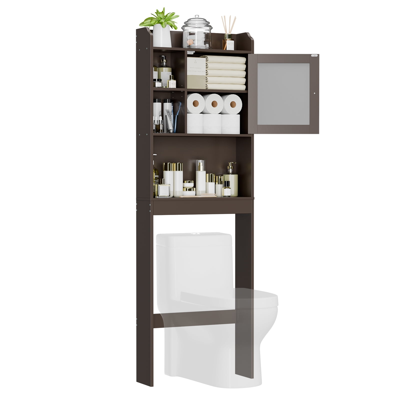Favory Over The Toilet Cabinet, Double Door Bathroom Storage Organizer, Toilet Rack with Inner Adjustable Shelf and Open Storage Shelf,Brown