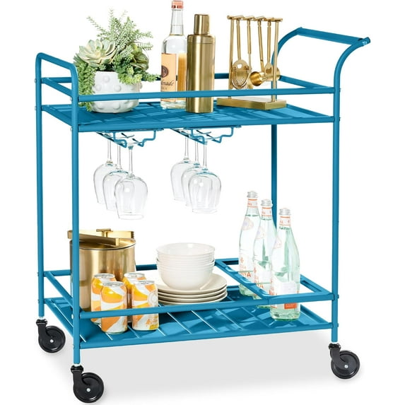 Favory Rolling Bar Cart, Mobile Home Bar Serving Cart, Serving Station w/ 2 Tier Shelves, Wine Rack, Lockable Wheels - Peacock
