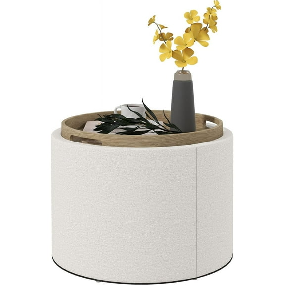 Favory Round Storage Ottoman with Flip Top Tray, Upholstered Fabric Foot Stool, Small Coffee Table with Hidden Compartment, Accent Vanity Stool for Living Room, Cream White