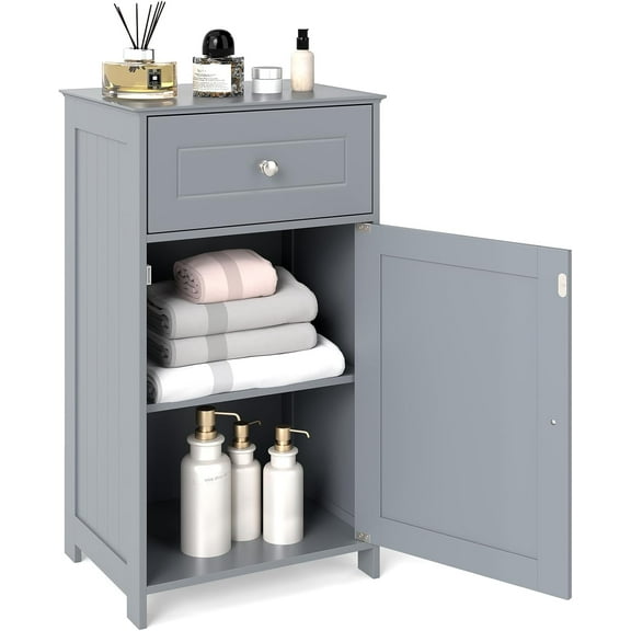 Favory Small Bathroom Cabinet for Small Spaces, Freestanding Single Door Storage with Adjustable Shelf, Anti-Tipping Device, Smooth Drawer, Floor Cabinet for Bathroom & Living Room (Gray)