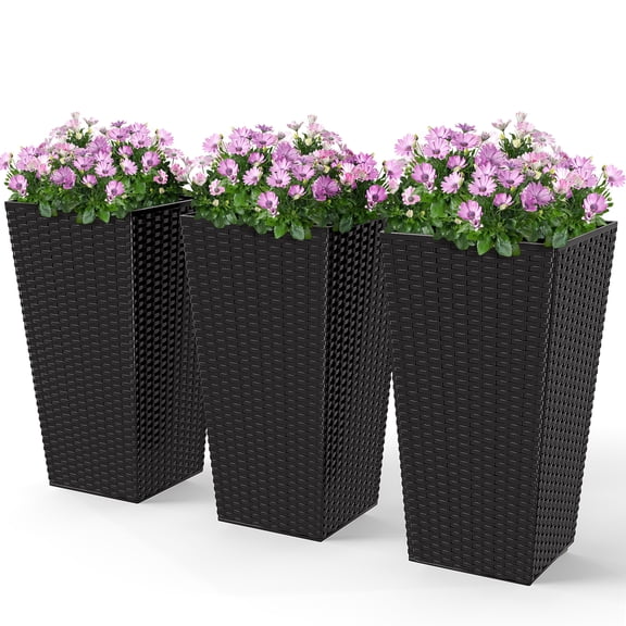 Favory Tall Planters for Outdoor Plants Set of 3,Taper Planters with Drainage Holes, Rattan Decor Plant Pots for Indoor Outdoor Front Porch Patio Backyard,Black