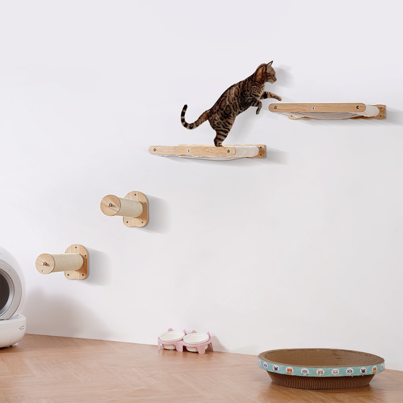 Favory Wall Mounted Cat Shelves, Perches with Jumping Posts & Hammocks, Removable & Washable Coral Fleece for Sleeping, Playing, Climbing, Set of 4