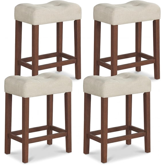 Favory Wooden Saddle Stools Set of 4, 24-inch Counter Height Upholstered Backless Bar Stools with Solid Rubber Wood Legs, Padded Seat, Farmhouse Dining Chairs for Kitchen Island, Cafe, Beige+Brown