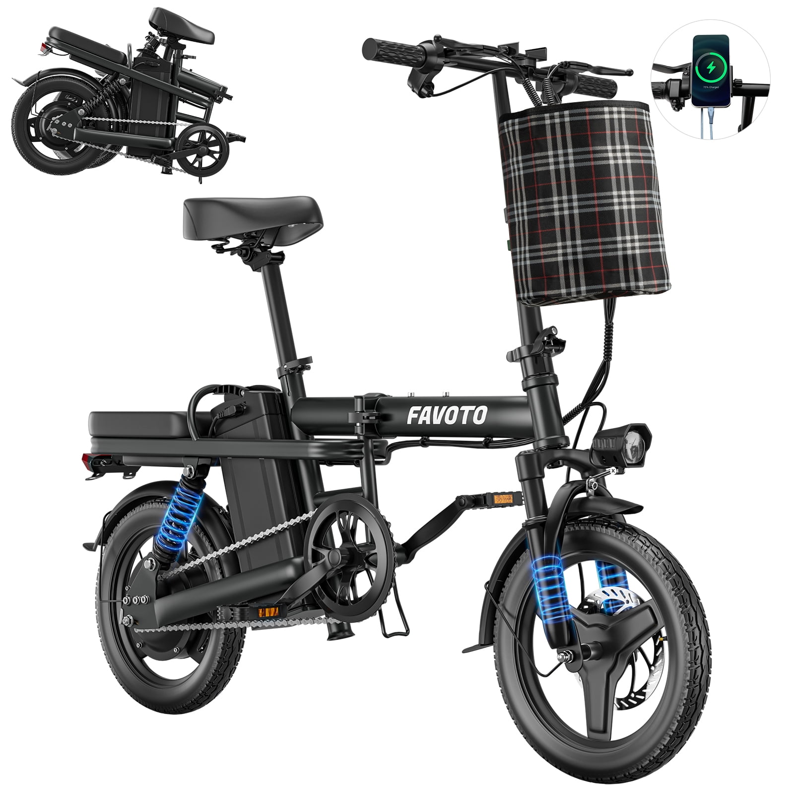 Favoto Electric Bike for Adults, 14" Triple Suspension Ultra Stable Folding Ebike, 400W Motor 48V10.4Ah Removable Battery, Aluminum Alloy Commuter Electric Bicycle for Men Women UL2849
