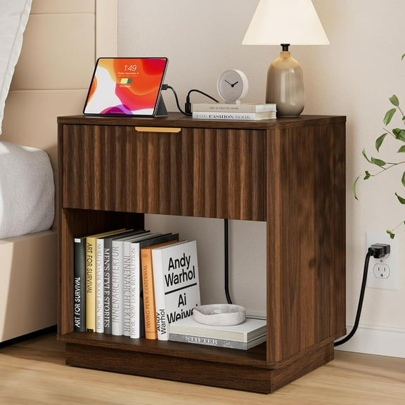 FavourLife Fluted Nightstand, 23" Wide Night Stand, Walnut Nightstand with Charging Station, Large End Table with Drawer & Open Shelf, Modern Bedside Table for Bedroom Sofa Home Office,