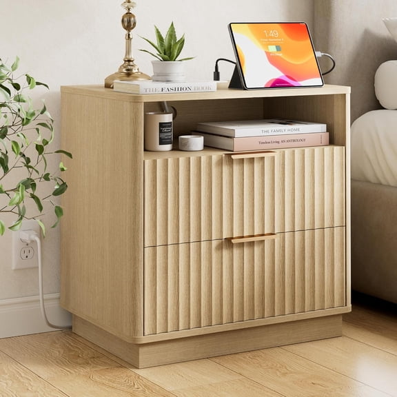 FavourLife Fluted Nightstand, 23" Wide Night Stand, Modern Nightstand with Charging Station, 2 Drawer Large End Table w/Storage, Bedside Table for Bedroom Sofa Home Office, Curved Corners