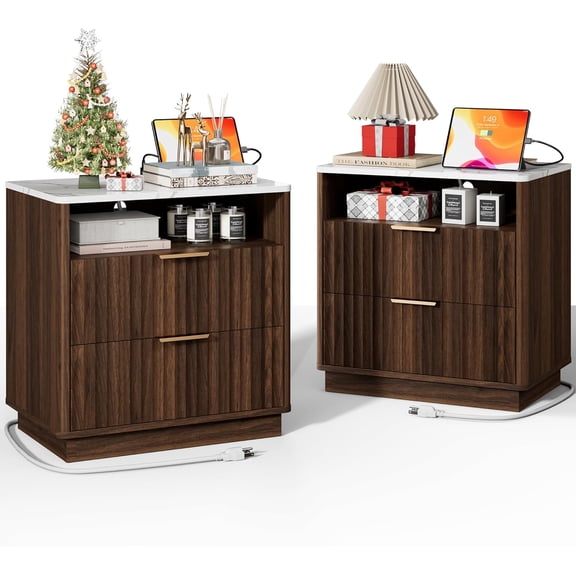 FavourLife Fluted Nightstand, Night Stand Set 2, 23" Wide Walnut Nightstands Set of 2 with Charging Station & Faux Marble Top, 2 Drawer Large Wooden End Table, Bedside Table for Bedroom