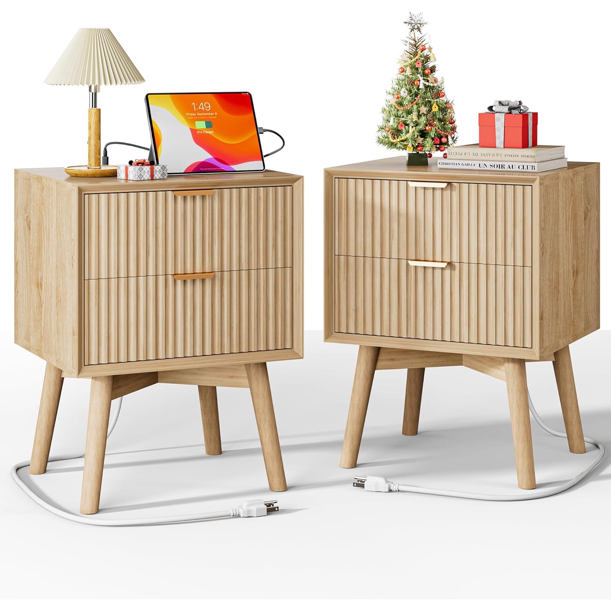FavourLife Fluted Nightstand, Night Stand Set 2, Nightstands Set of 2 with Beveled Edges & Solid Wood Legs, 2 Drawer Wooden End Table with Charging Station, Modern Bedside Table for Bedroom, Walnut