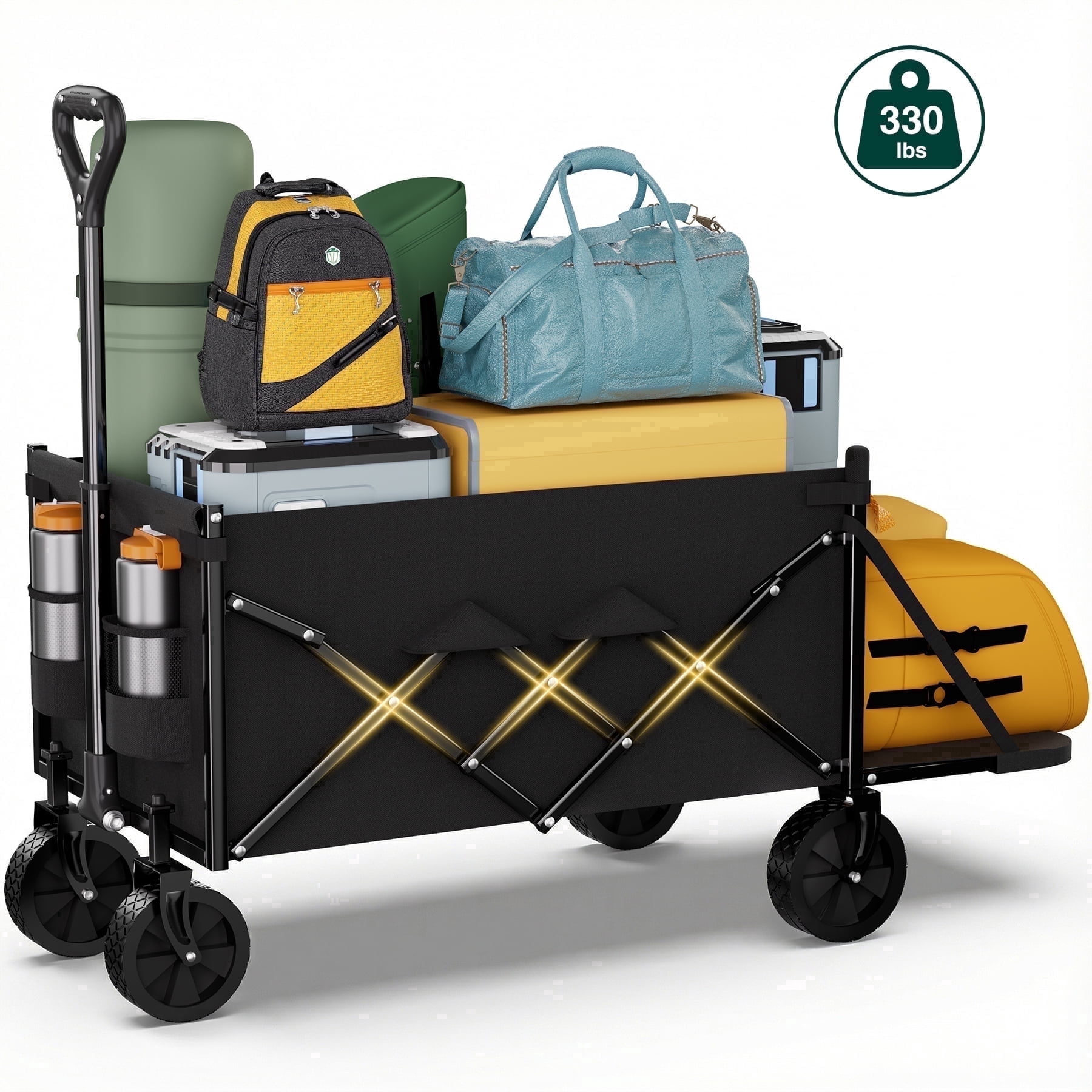 Favoyard 330lbs Collapsible Wagon with Extended Tailgate,All‑Terrain Wheels & Drink Holders for Garden Camping Beach, Black