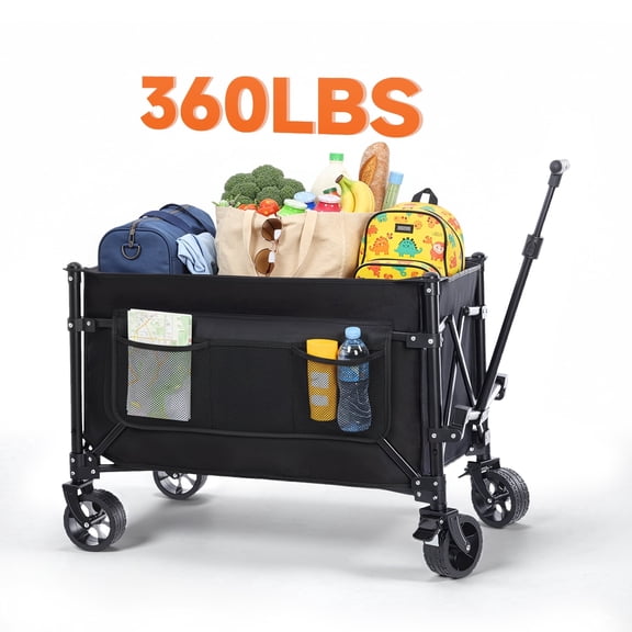 Favoyard Collapsible Wagon Carts Foldable 150L & 360LBS Portable Folding Wagons with All-Terrain Wheels & Brakes Heavy Duty Outdoor Utility Cart for Grocery Camping Shopping Sports Garden, Black