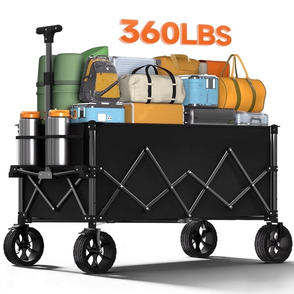 Favoyard Extra Large Collapsible Wagon, Heavy Duty Foldable with All-Terrain Wheels for Grocery Camping Shopping Garden, 220L and 360lbs, Black