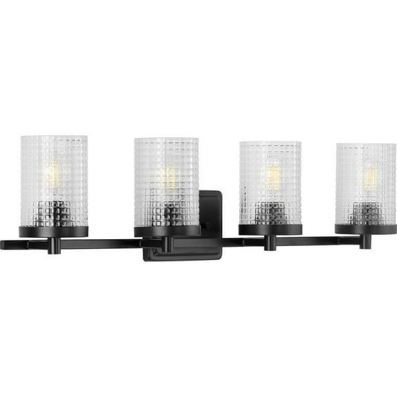 Fawcett Collection Four-Light Matte Black Clear Patterned Glass Transitional Bath Vanity Light