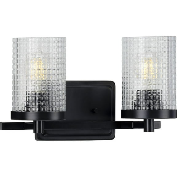 Fawcett Collection Two-Light Matte Black Clear Patterned Glass Transitional Bath Vanity Light