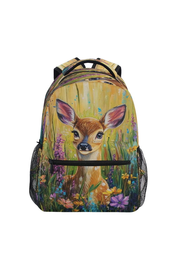Fawn Among Purple Flowers Stylish Large Backpack 15L Self-Standing Durable Twill for School, Office and Travel Use
