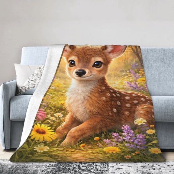 Fawn Blanket Gift for Animal Lovers Fawn Flower Field Nature Home Decor 50x40
