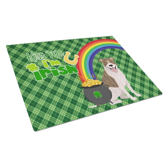 Fawn Brindle Pit Bull Terrier St. Patrick's Day Glass Cutting Board Large 12 in x 15 in