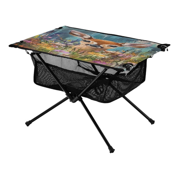 Fawn with Colorful Background Galaxy Pine Tree Xmas Painting Christmas Kids Camping Tables Folding Table for Children 23.6x15.7in 600D Oxford Fabric 110lb Capacity