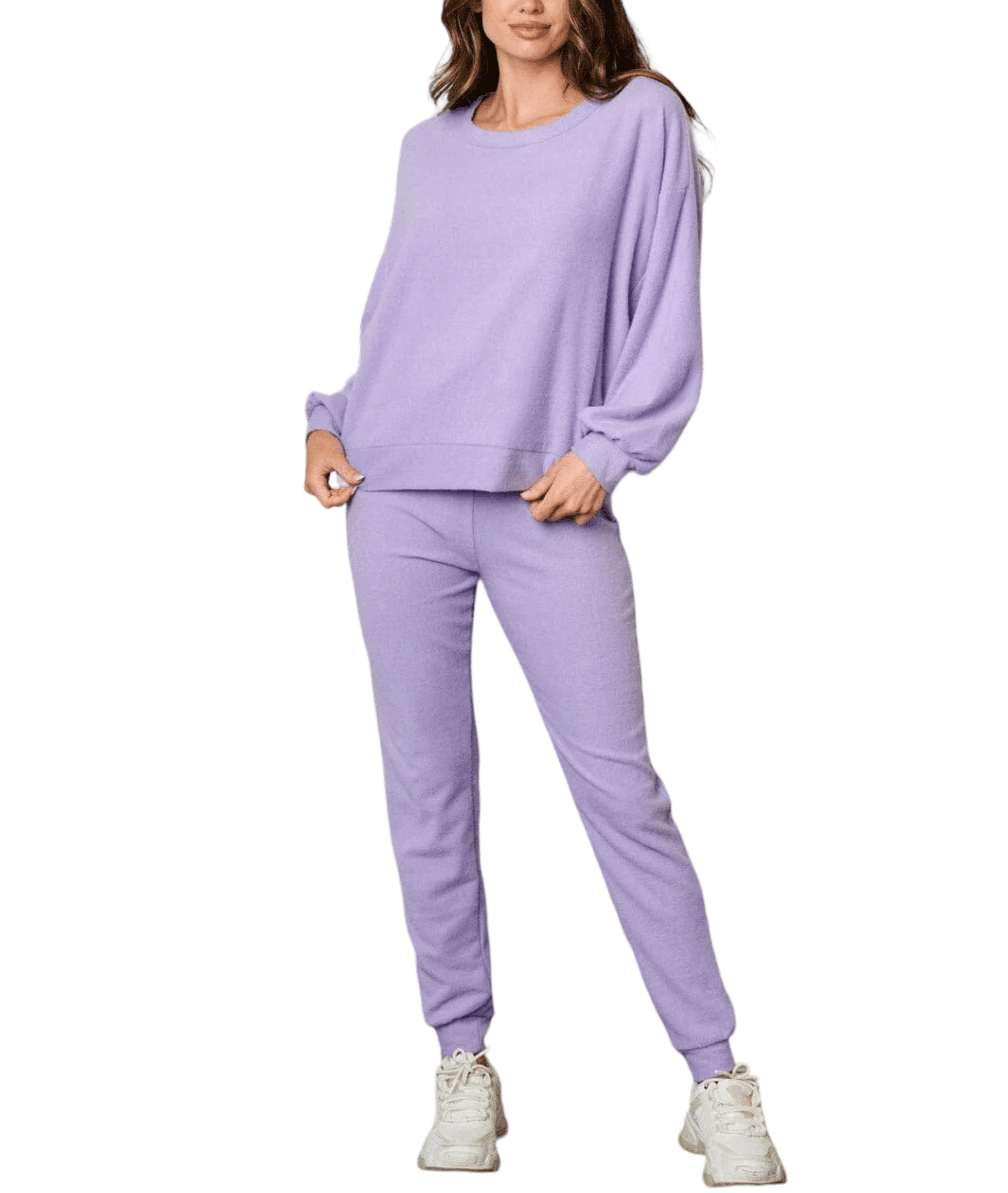 Fawn Fantastic Women`s Long Sleeve Fleece Sweater Jogger 2 PC Sets,  Lavender, Large 
