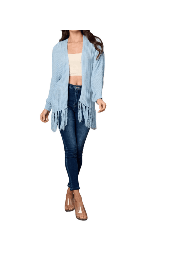 Women`s Long Sleeve Open Front Fringe Cardigan, IceBlue, Large