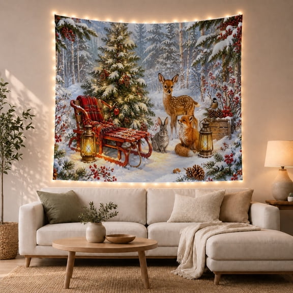 Fawn Fox and Rabbit in Snowy Forest, Cozy Rustic Style for Wildlife Lovers, Woodland Nature Wall Art, Christmas Gift, Tapestry Wall Hanging for Bedroom and Dorm