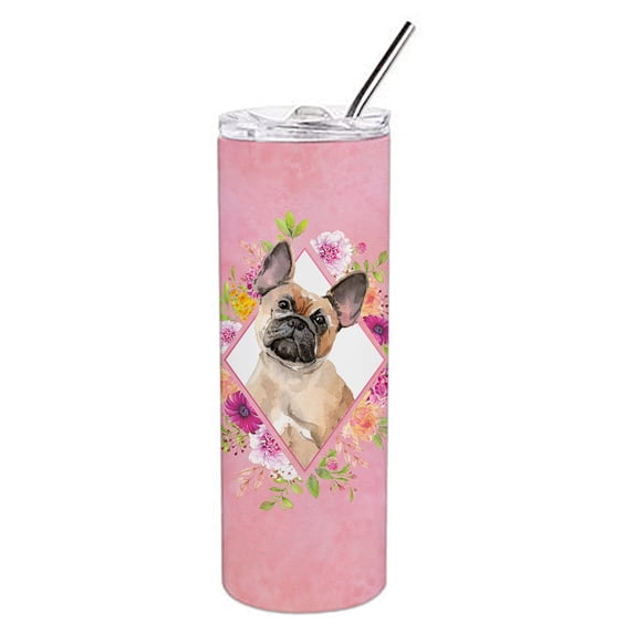 Fawn French Bulldog Pink Flowers Double Walled Stainless Steel 20 oz Skinny Tumbler