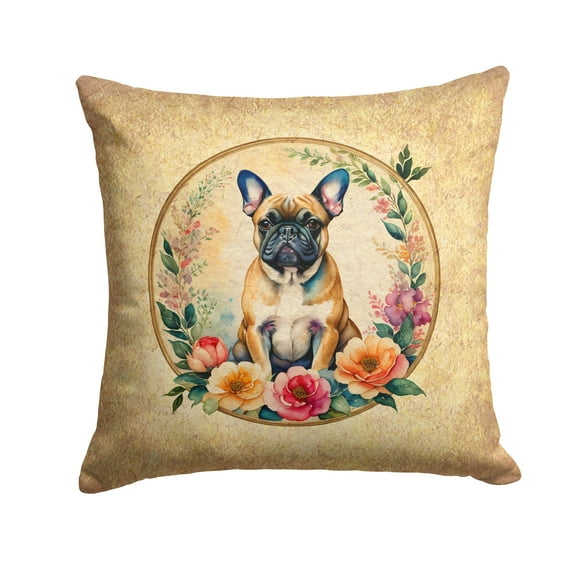 Fawn French Bulldog and Flowers Fabric Decorative Pillow 14 in x 14 in