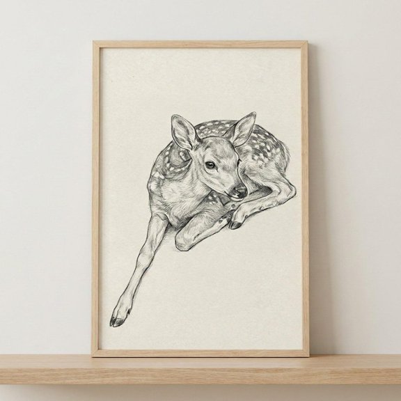 Fawn Graphite Woodland Sketch Wall Decor Unframed Paper Print