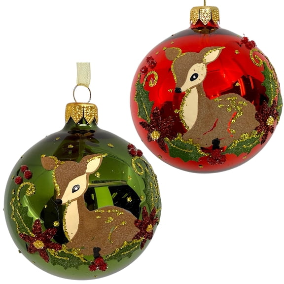 Fawn Holly and Berries Blown Glass Ornaments Set of 2 European Mouth-Blown Baby Deer Ball Holiday Christmas Tree Decoration, Red and Green