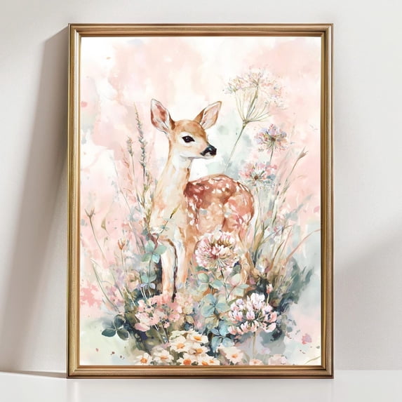 Fawn In Wildflowers Nursery Wall Art Cottagecore Woodland Deer Pastel ...