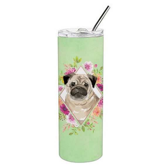 Fawn Pug Green Flowers Double Walled Stainless Steel 20 oz Skinny Tumbler