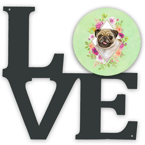 Fawn Pug Green Flowers Metal Wall Artwork LOVE