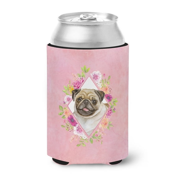 Fawn Pug Pink Flowers Can or Bottle Hugger