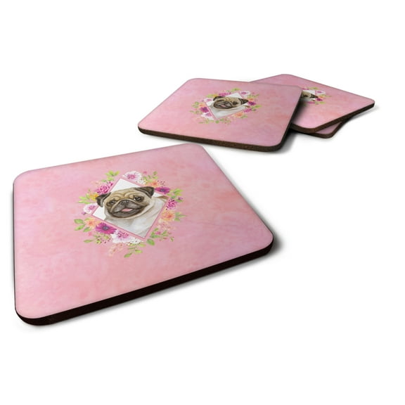 Fawn Pug Pink Flowers Foam Coaster Set of 4
