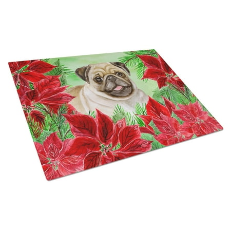Fawn Pug Poinsettas Glass Cutting Board Large