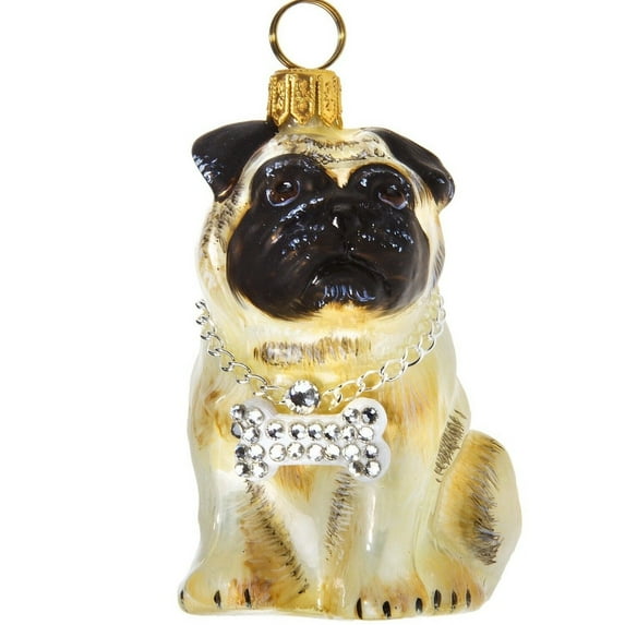 Fawn Pug Rapper with Bone Necklace Polish Glass Christmas Tree Ornament Dog Pet