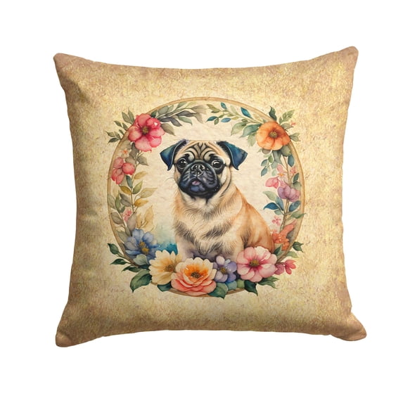 Fawn Pug and Flowers Fabric Decorative Pillow 14 in x 14 in