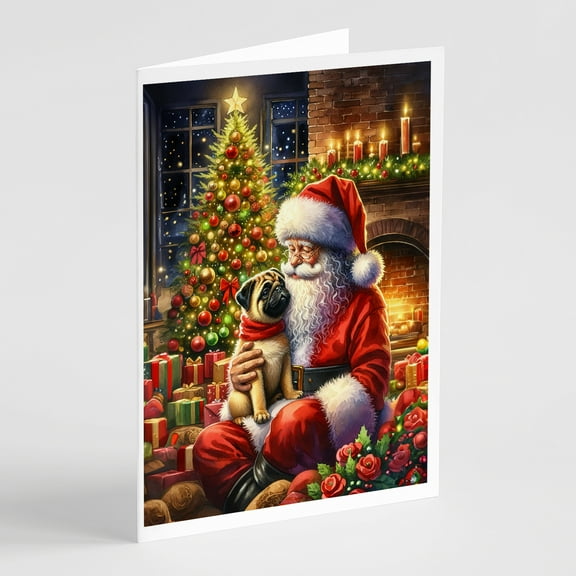 Fawn Pug and Santa Claus Greeting Cards Pack of 8 7 in x 5 in