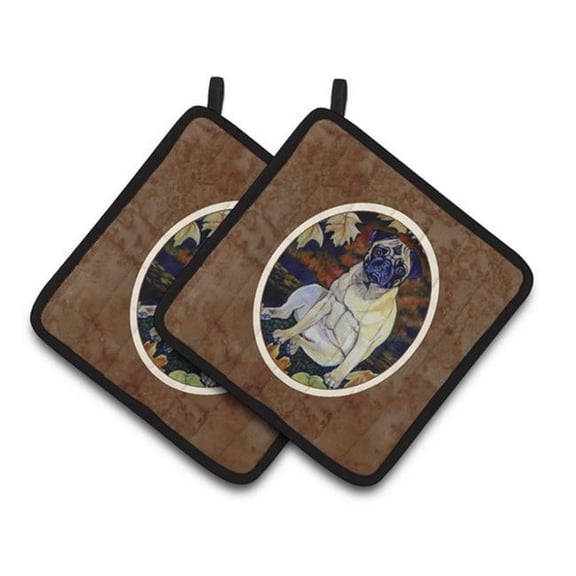 Fawn Pug in Fall Leaves Pair of Pot Holders - 7.5 x 3 x 7.5 in.